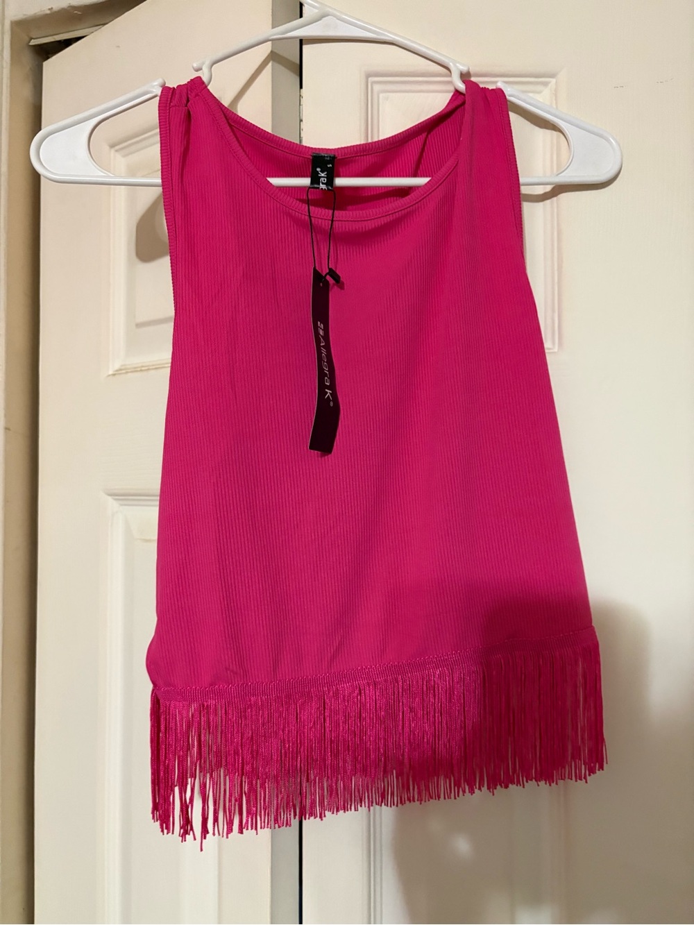 Allegra K Fuchsia Ribbed Tank with Fringe Hem